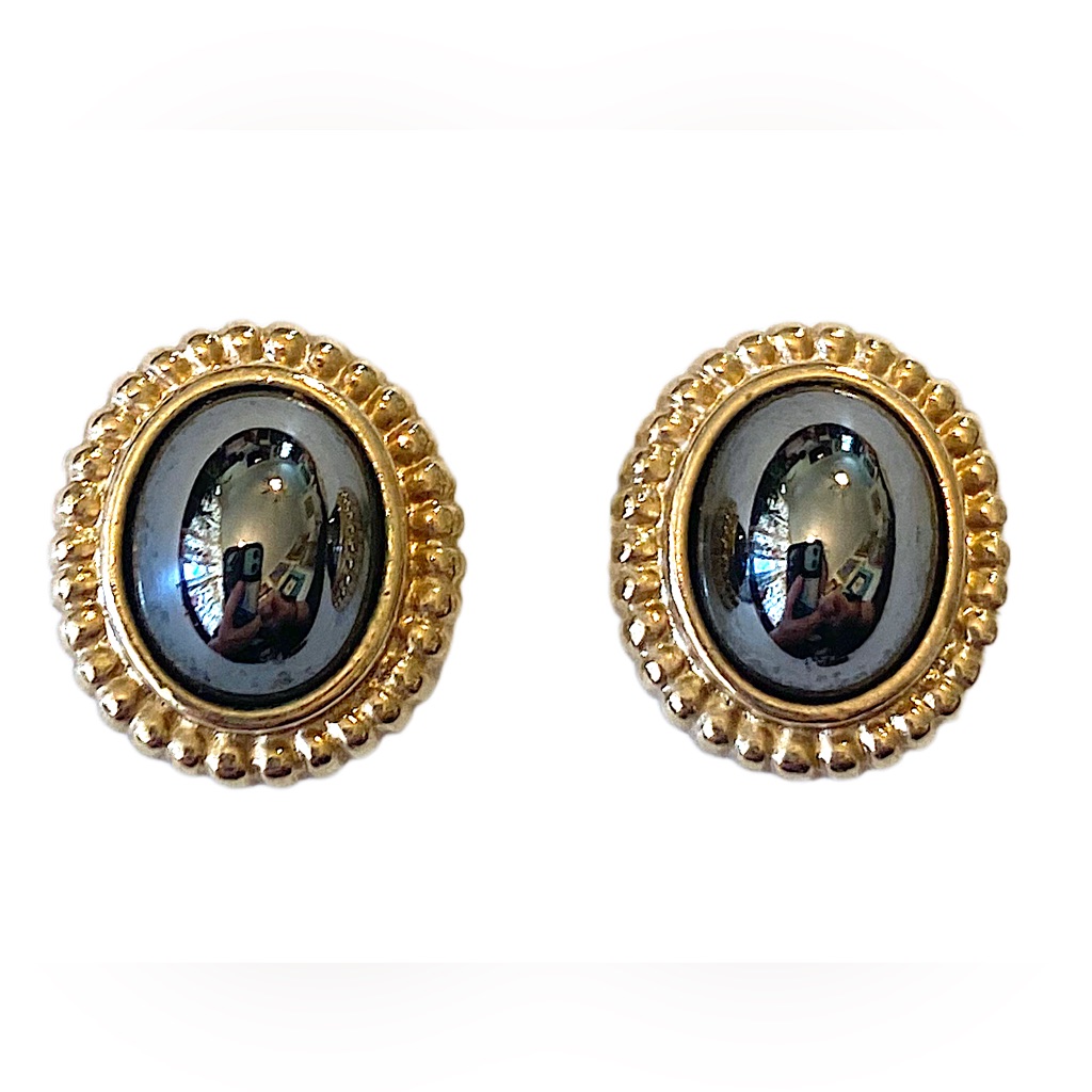 Louis Ferard Signed Hematite Gold Earrings Posts Vintage